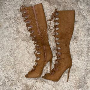 JustFab Caramel Suede Lace-Side Peep Toe Boots